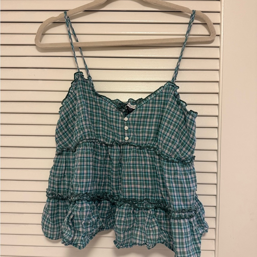 American Eagle Outfitters Teal Plaid Tiered Spaghetti-Strap Tank